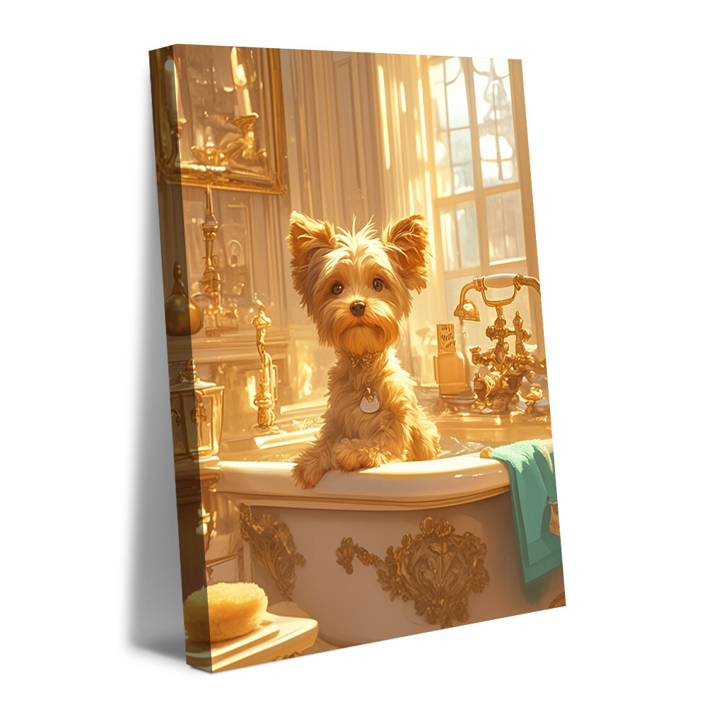 Golden Retriever Puppy in a Gilded Bathtub Wall Art_ Canvas Printing Artwork