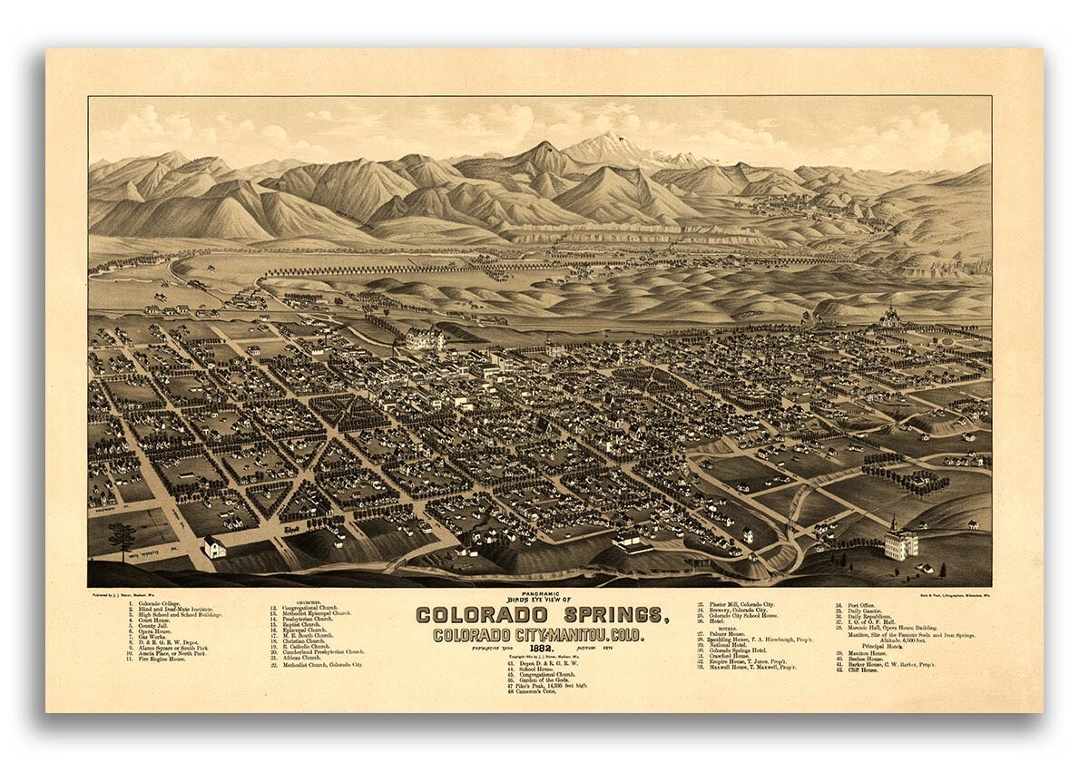 Colorado Springs CO 1882 Historic Panoramic Town Map – 20×30
