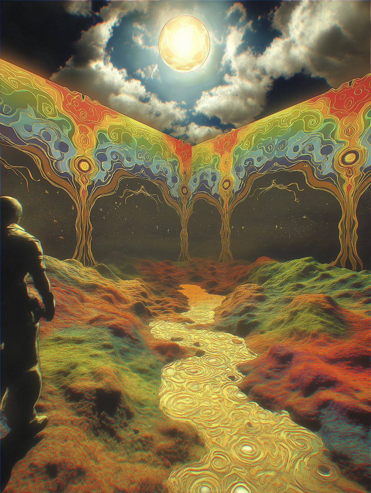Astronaut in Surreal Psychedelic Moonlit Landscape Poster 18x24in