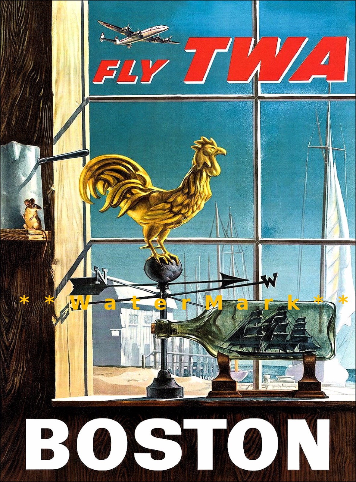 Boston Massachusetts 1950 Vintage Poster Print Airline Travel Tourism Wall Art