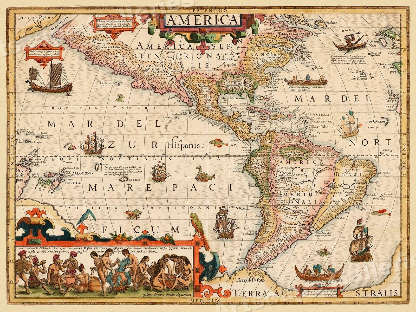 New World North South America 1609 Vintage Style Illustrated Map – 18×24