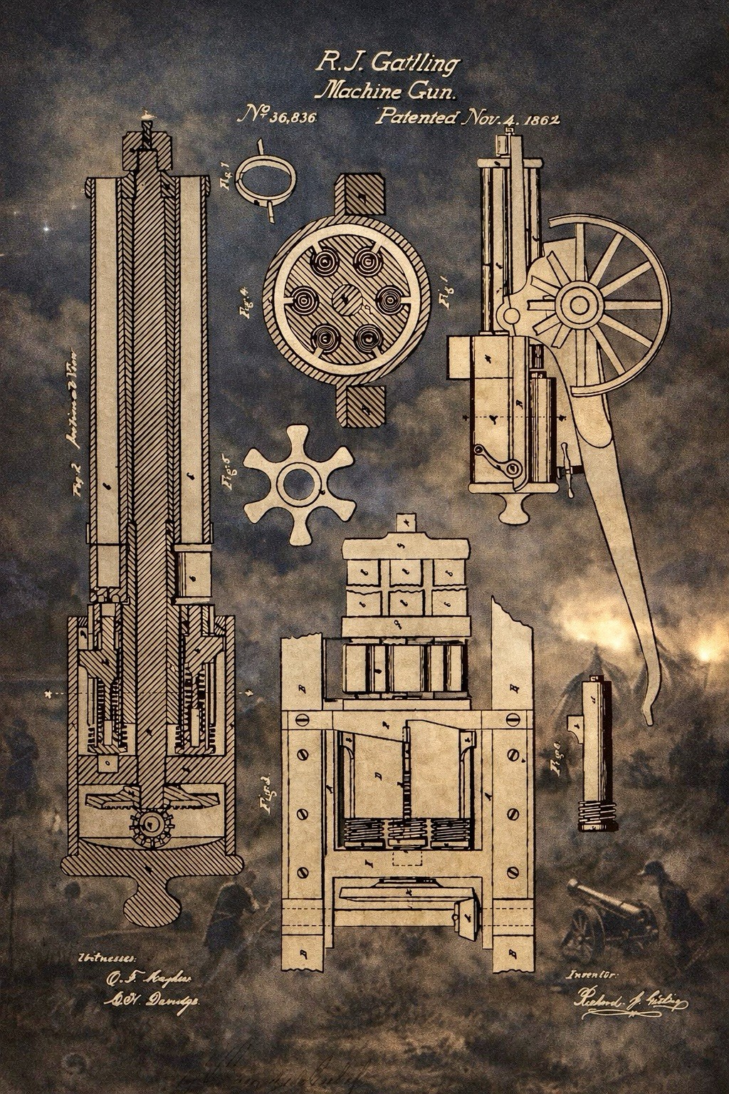 1800s Machine Gun Patent Wall Decor, Multiple sized Poster / Prints