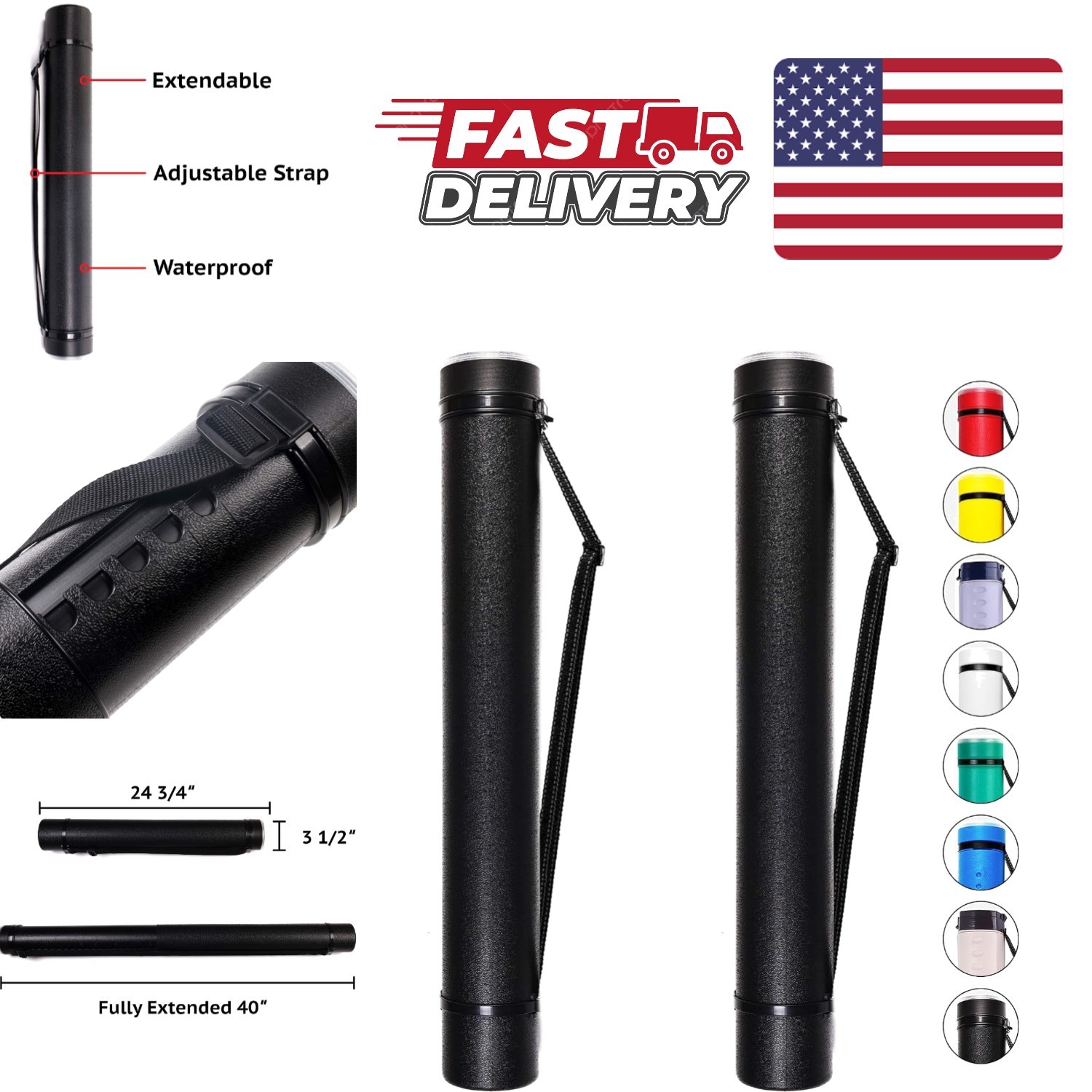 Large Poster Tubes 2 Pack Black Durable Expandable 40 Inch with Shoulder Strap