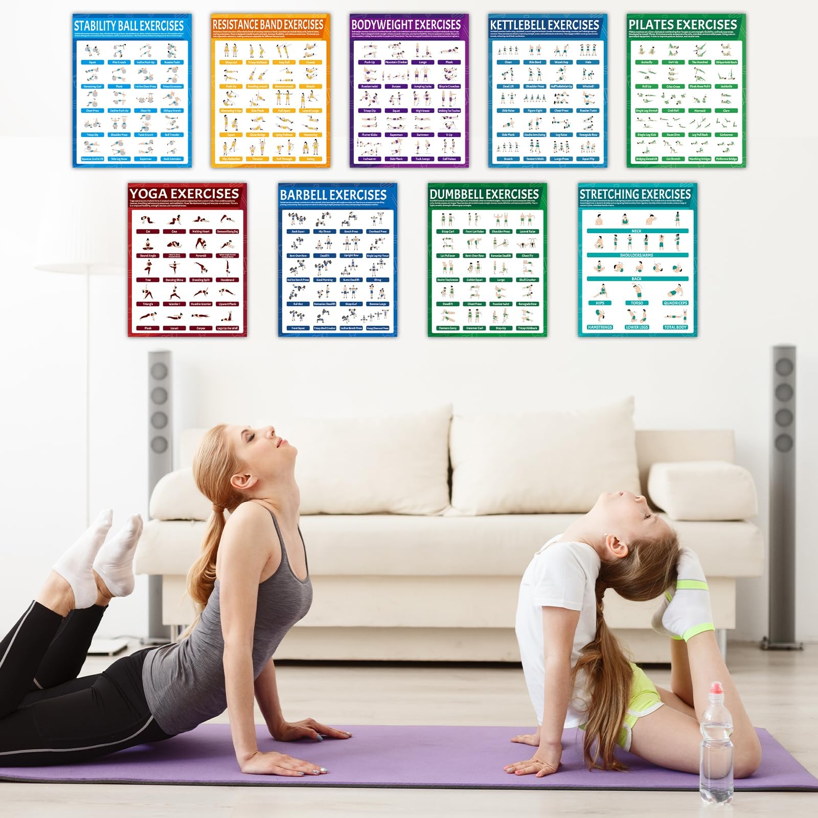 9Pcs Exercise Poster Set Workout Chart Posters Dumbbell Kettlebell Yoga Stret…