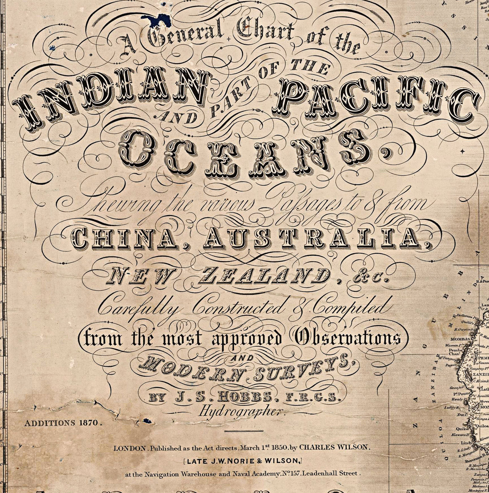 1870 Chart of the Indian and Part of the Pacific Oceans Map Historic Wall Poster