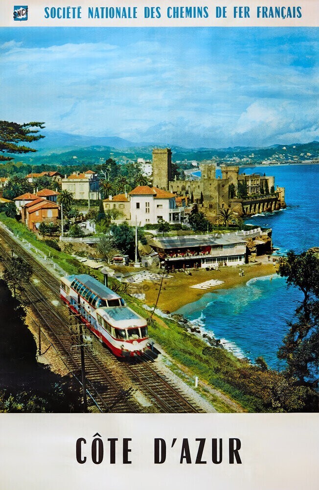 Cote d’Azur vintage french railroad train travel promotion poster 12×18