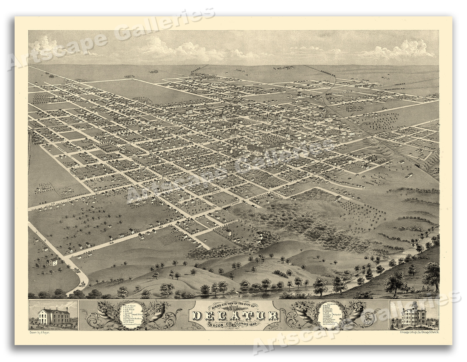 Decatur Illinois 1869 Historic Panoramic Town Map – 18×24