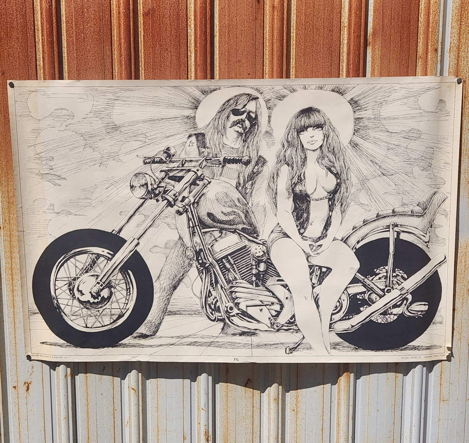 Vintage 1970s Easyriders 1% Motorcycle Chopper Black & Linework Poster Outlaw