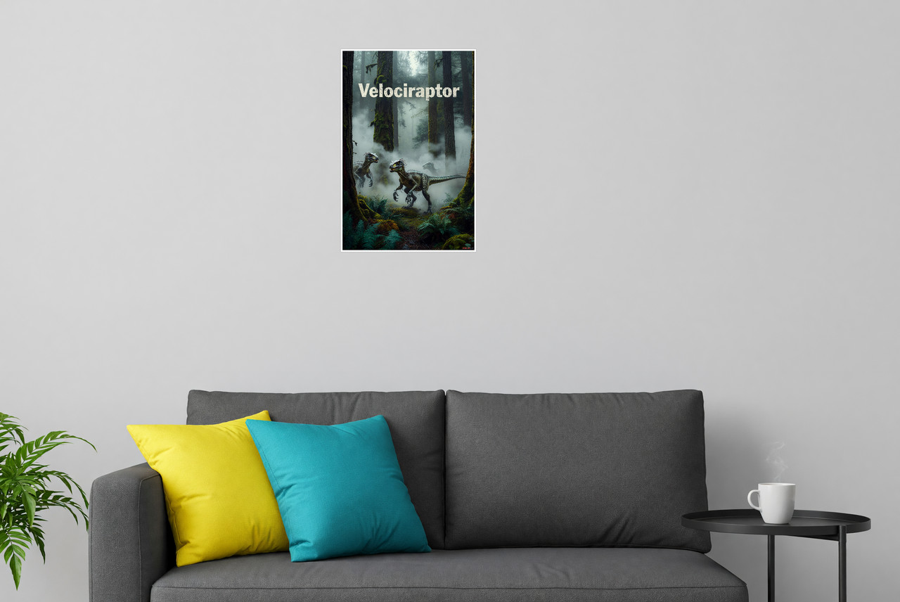 Velociraptor Misty Forest Dinosaur 12×18 Poster