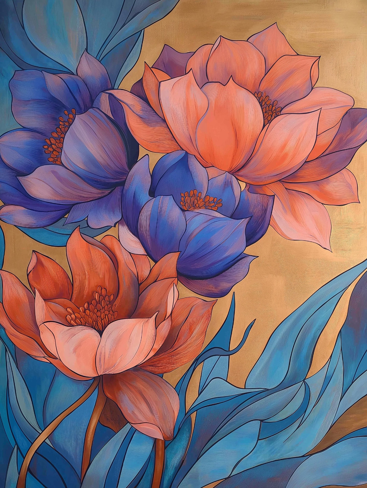Vibrant Blue and Orange Flowers with Gold Background Poster 18x24in