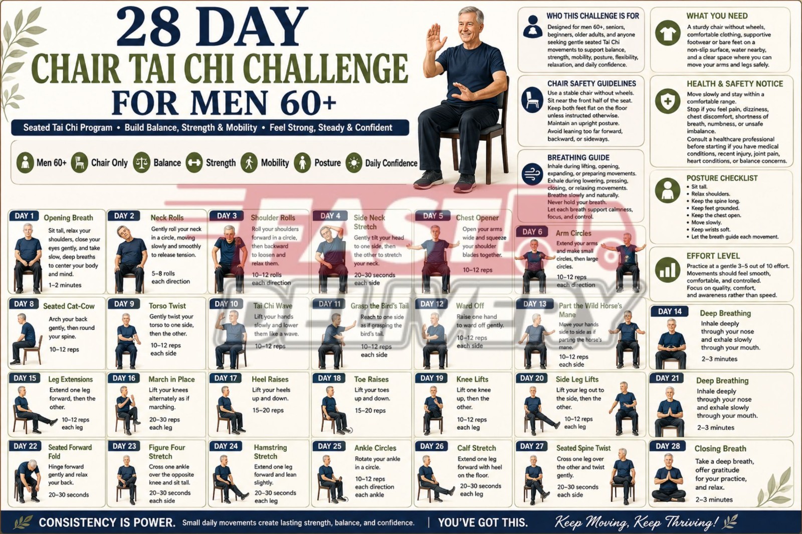 28 Day Chair Tai Chi Challenge Men Senior Seated Workout Balance Mobility Poster