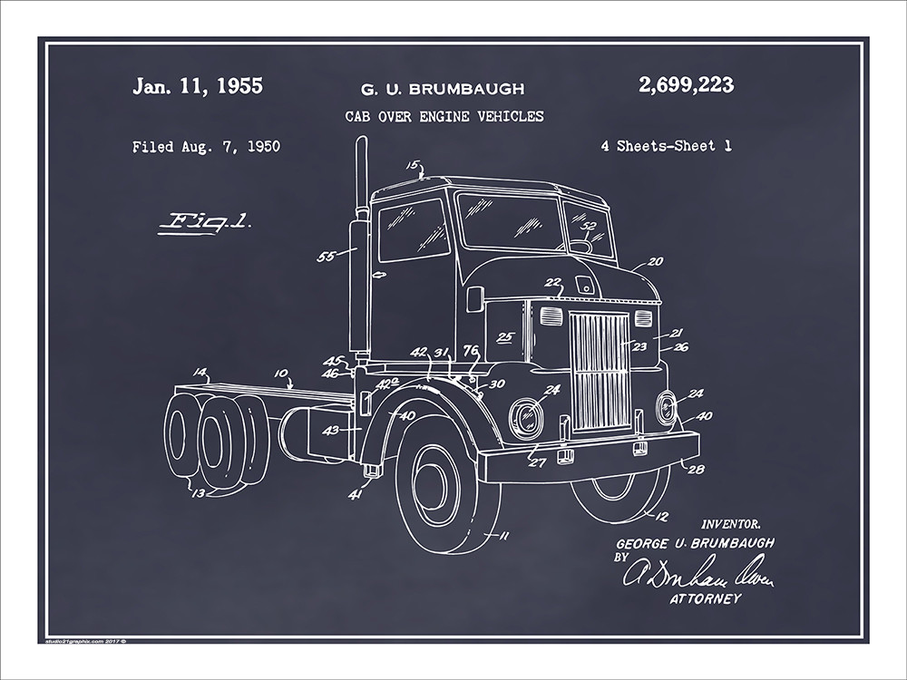 1950 Peterbuilt Cab Over Diesel Semi Truck Patent Print Art Drawing Poster