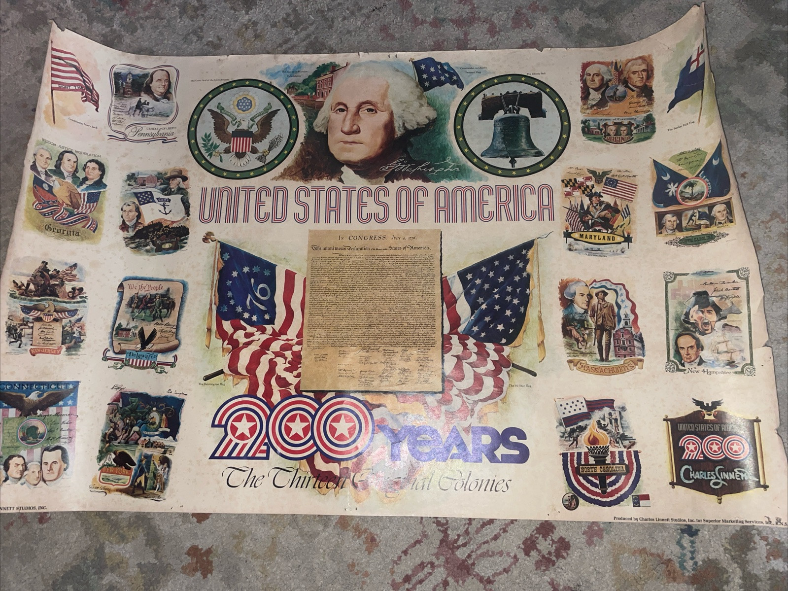 Vintage Charles Linnett Poster “the Original Thirteen Colonies Rare!