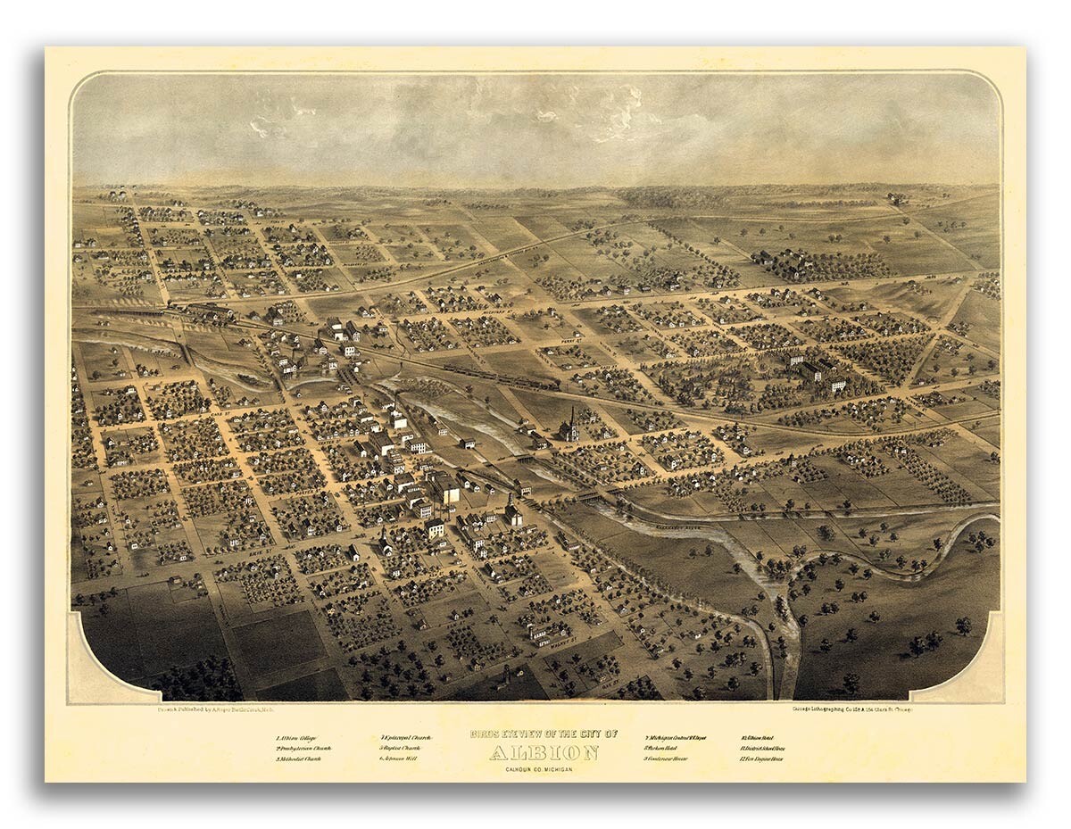 Bird’s Eye View 1868 Albion MI Vintage Style City Map – 18×24