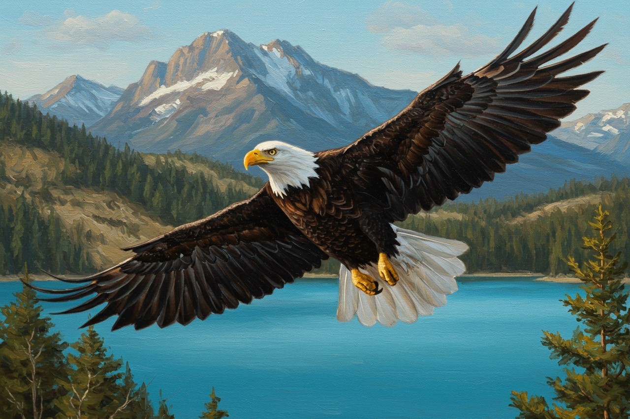 American Eagle Flying In Sky Painting Wall Art Print Printed On Canvas Artprint
