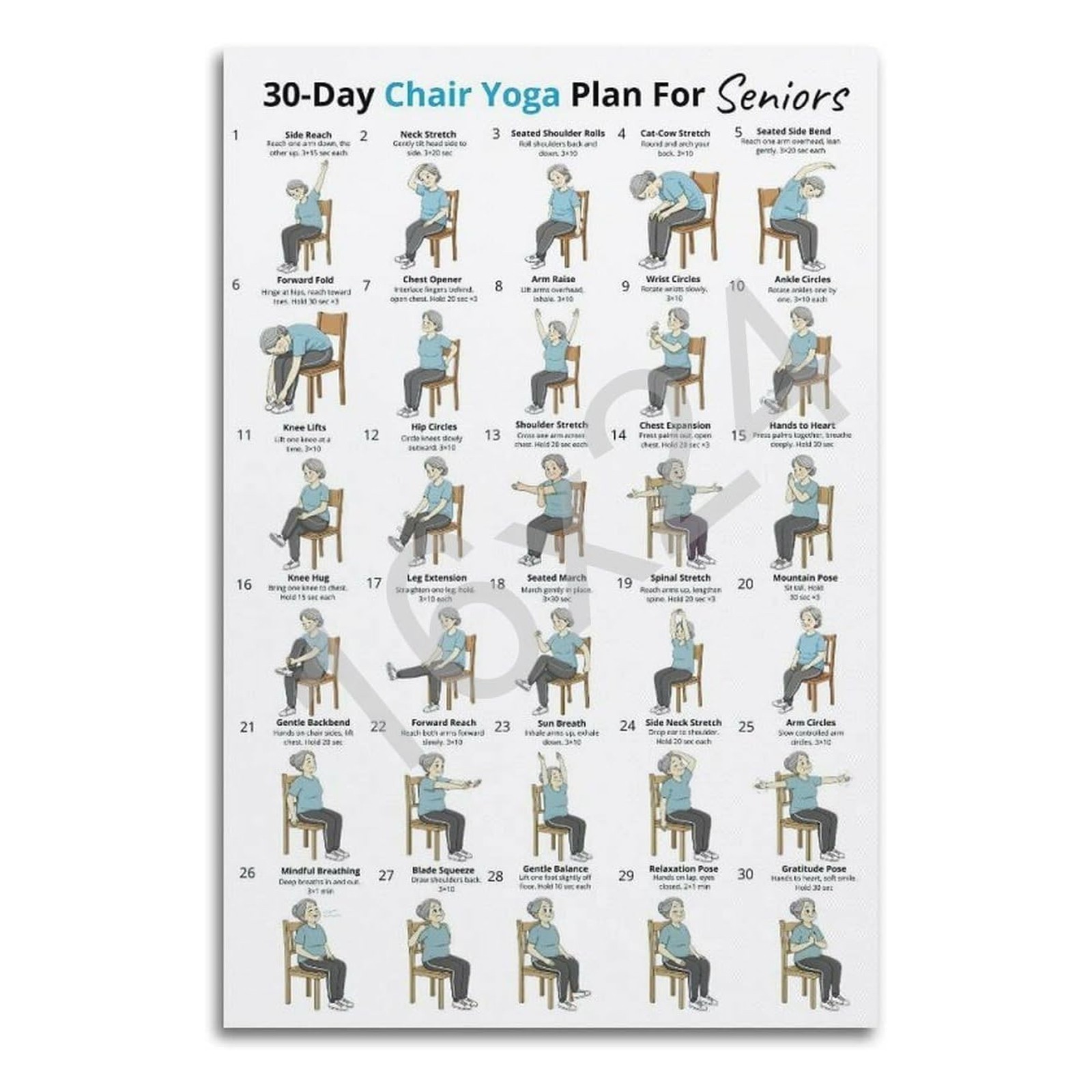 Chair Yoga Chart Poster, Seated Exercises for Seniors And Beginners Poster