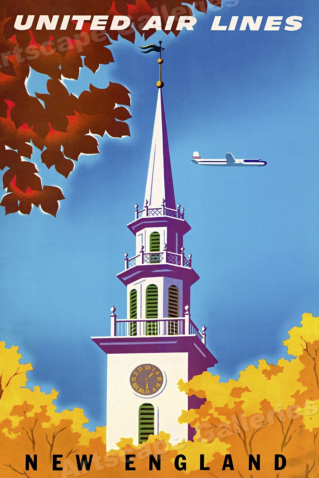 1955 New England Classic American Vintage Style Travel Poster – 24×36