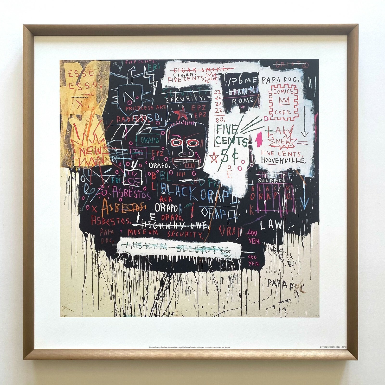 JEAN MICHEL BASQUIAT ESTATE FRAMED LITHOGRAPH PRINT ” MUSEUM SECURITY ” 1983