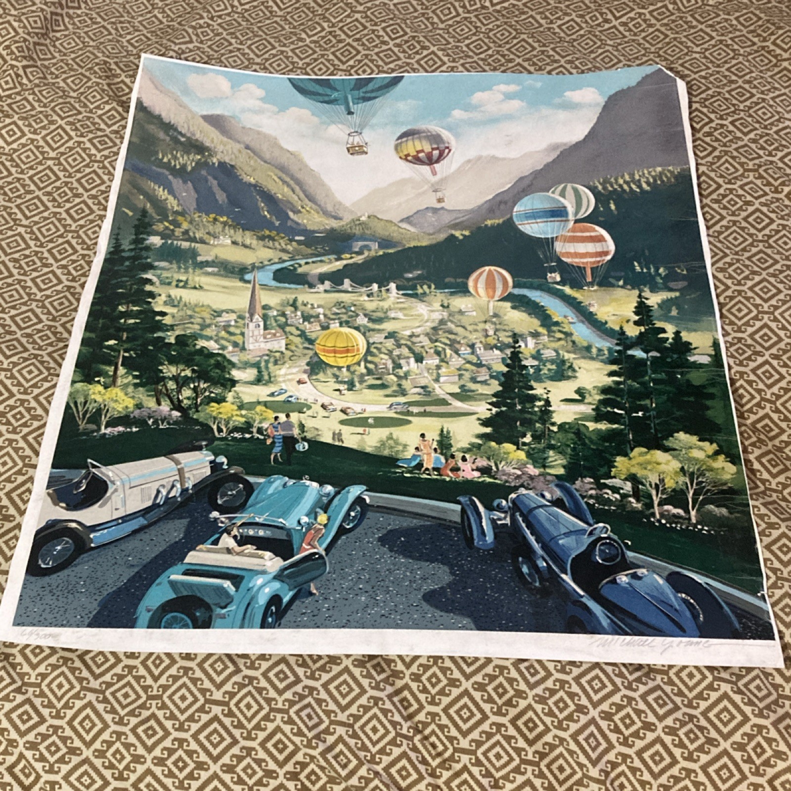 Limited Edition hand signed Art Print Cars and Hot Air Balloons Scenic 60/300