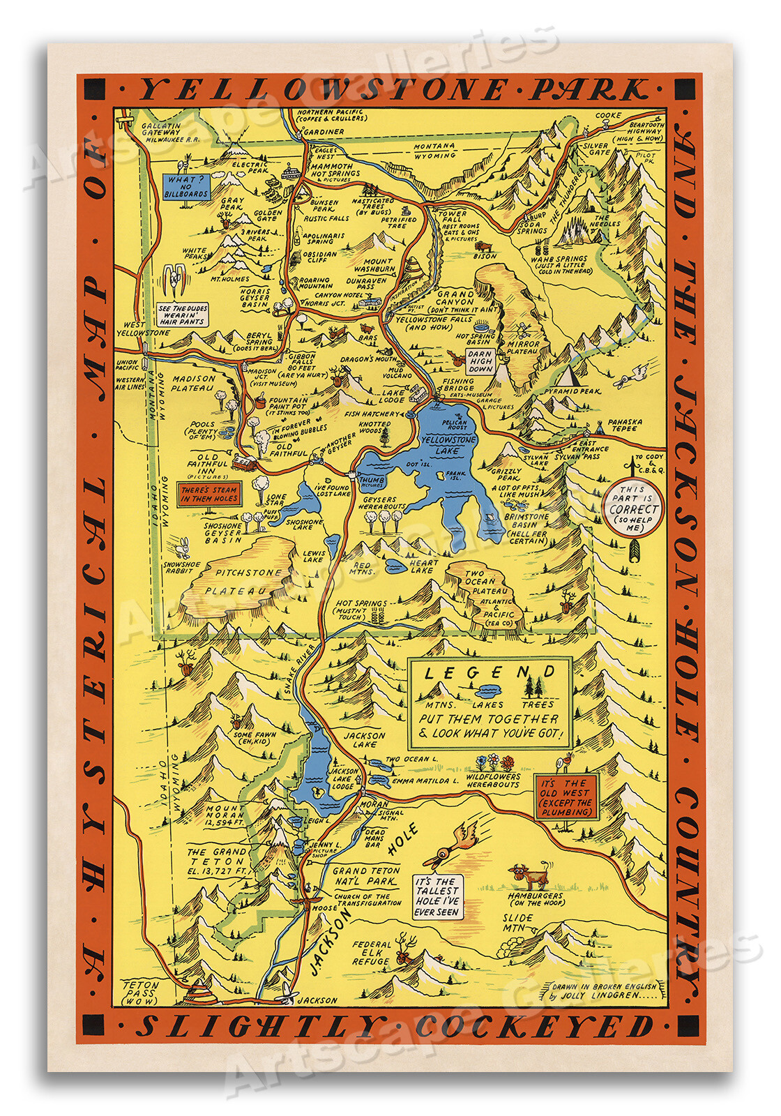 1936 Hysterical Map of Yellowstone National Park – 24×36