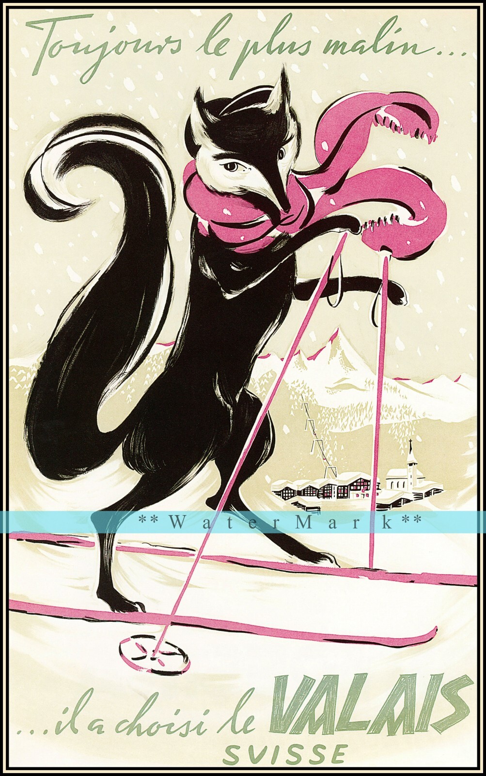 Ski Valais Suisse 1951 Fashion Fox Vintage Poster Print Retro Style Travel Art
