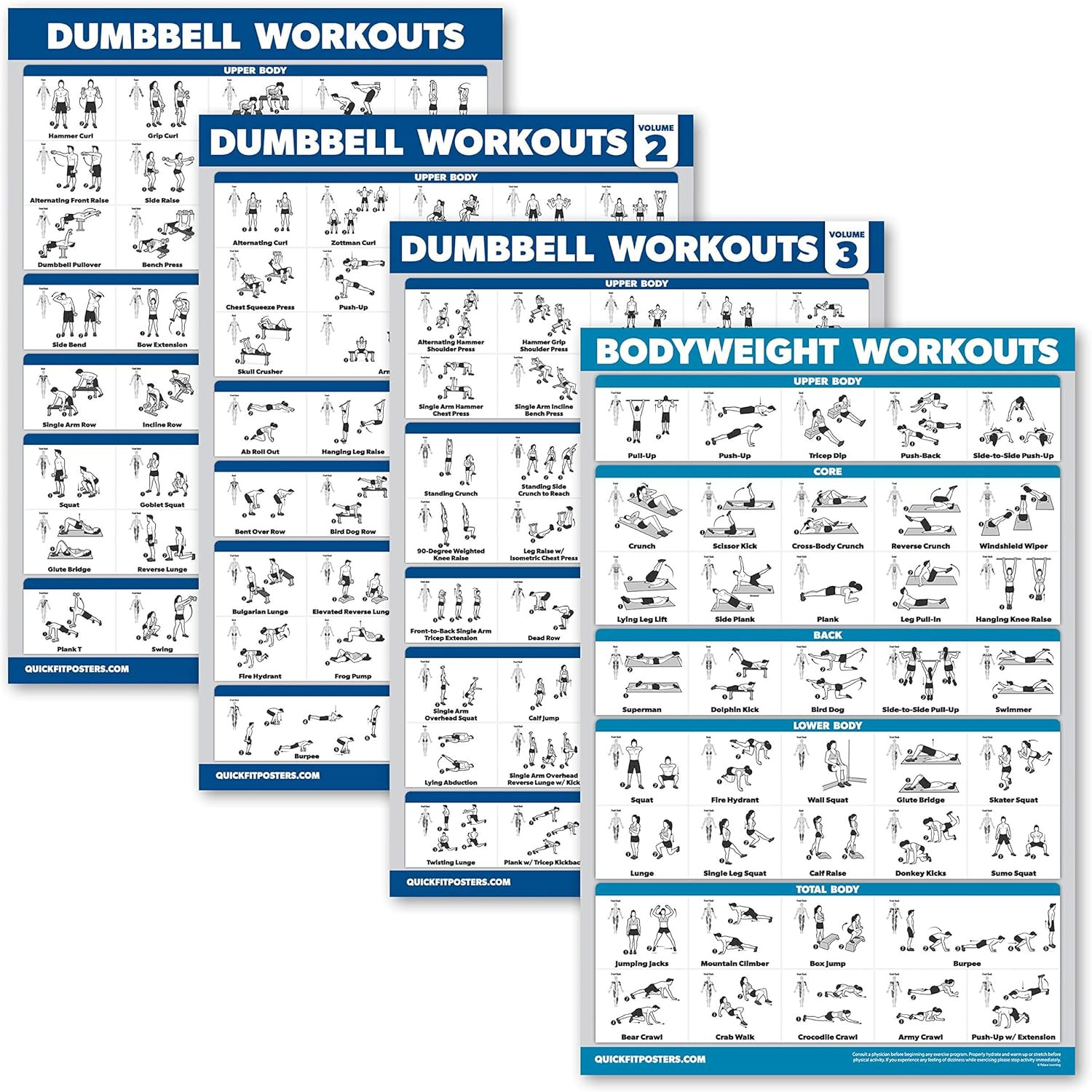 4 Pack Dumbbell Workout Posters & Bodyweight Exercise Chart 18″ x 24″
