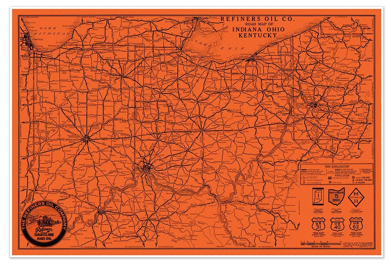 Refiners Oil Company USA Road MAP of Indiana Ohio Kentucky circa 1930 – 24″x36″
