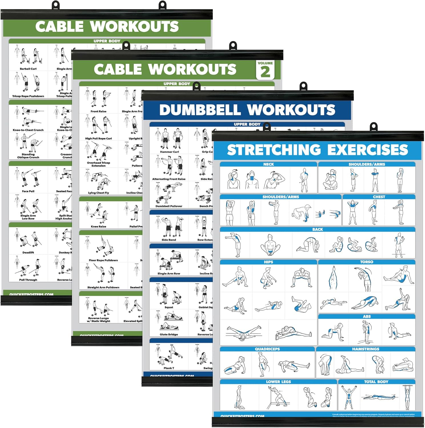 4 Pack Workout Posters – Cable Machine, Dumbbell, Stretching Exercises