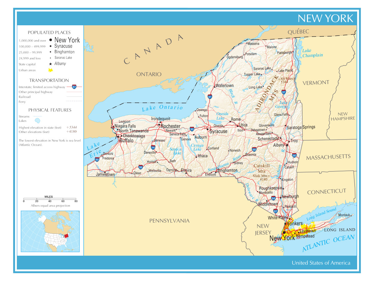Map of the State of New York United States of America Political Physical Poster