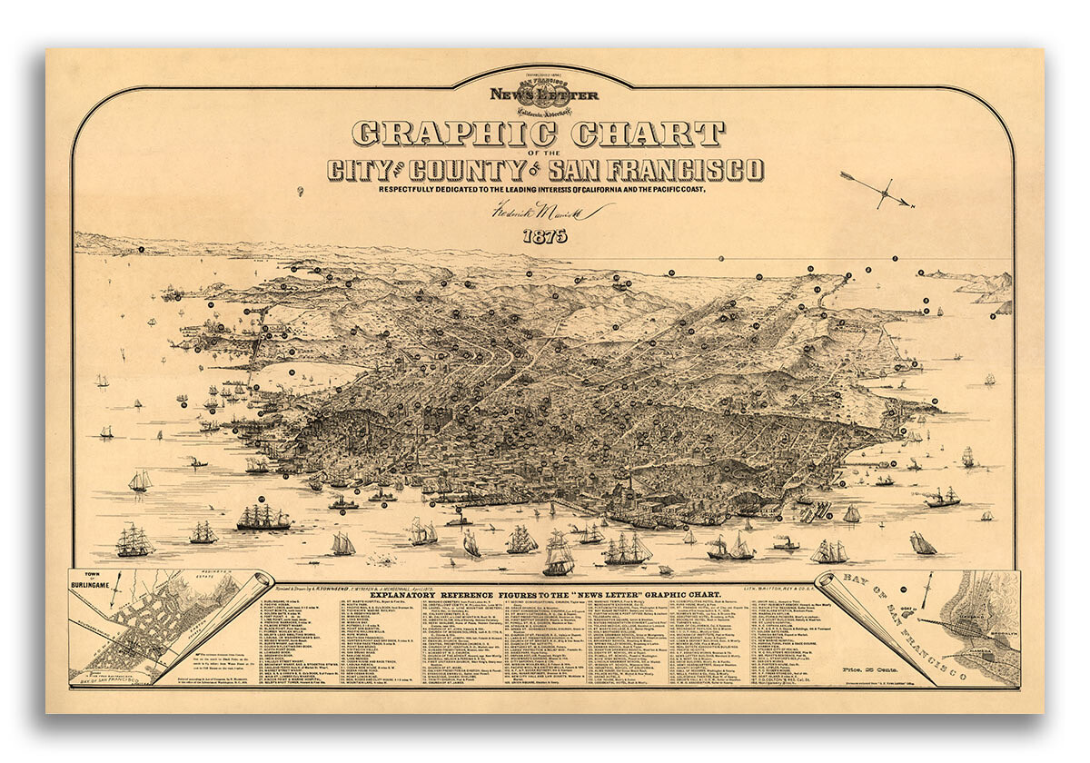 1875 San Francisco California Vintage Old Panoramic City Map – 24×36