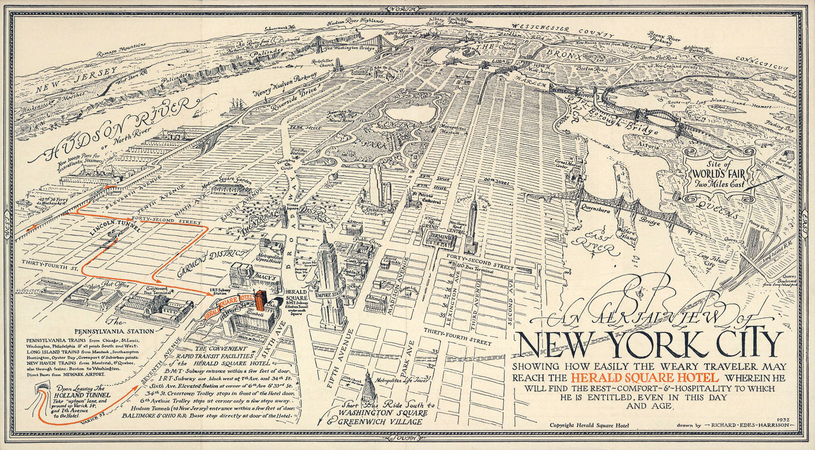 Vintage Pictorial Aerial View New York City Historic Wall Art Poster Genealogy