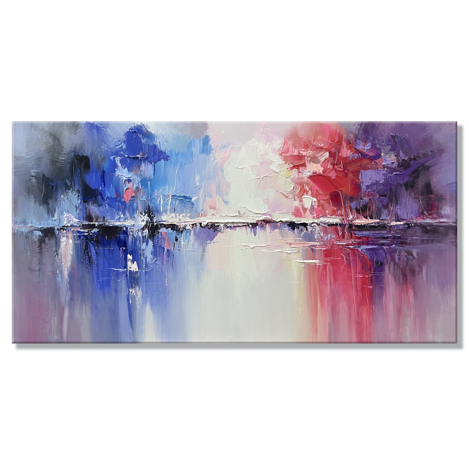 Hand-painted abstract lake canvas art, textured lake landscape wall decor