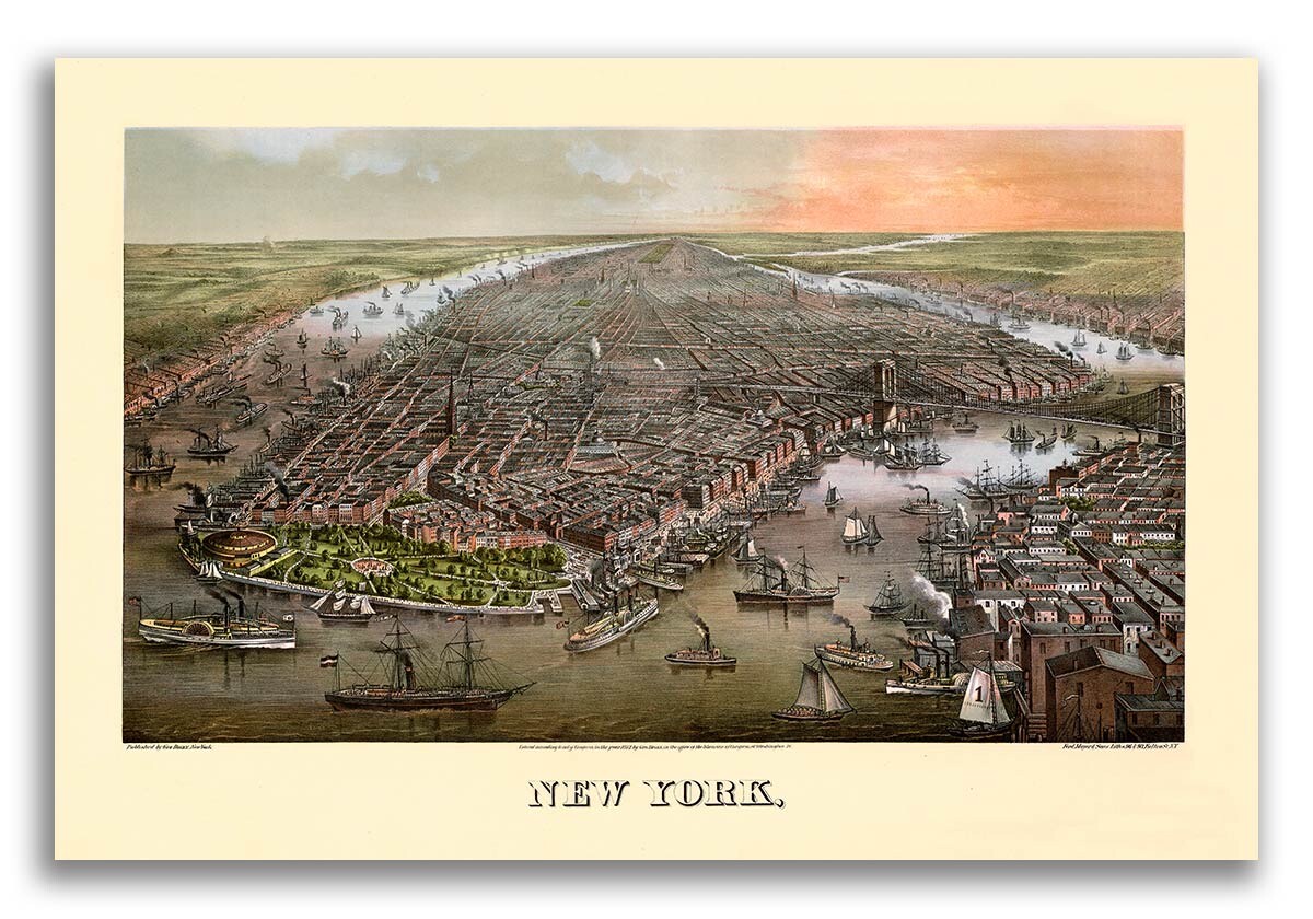 1873 New York City, New York Vintage Old Panoramic NY City Map – 16×24