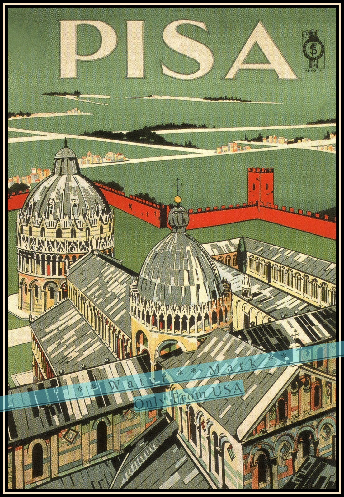 Pisa Italy 1928 Tuscany Leaning Tower Vintage Poster Print Retro Style Wall Art