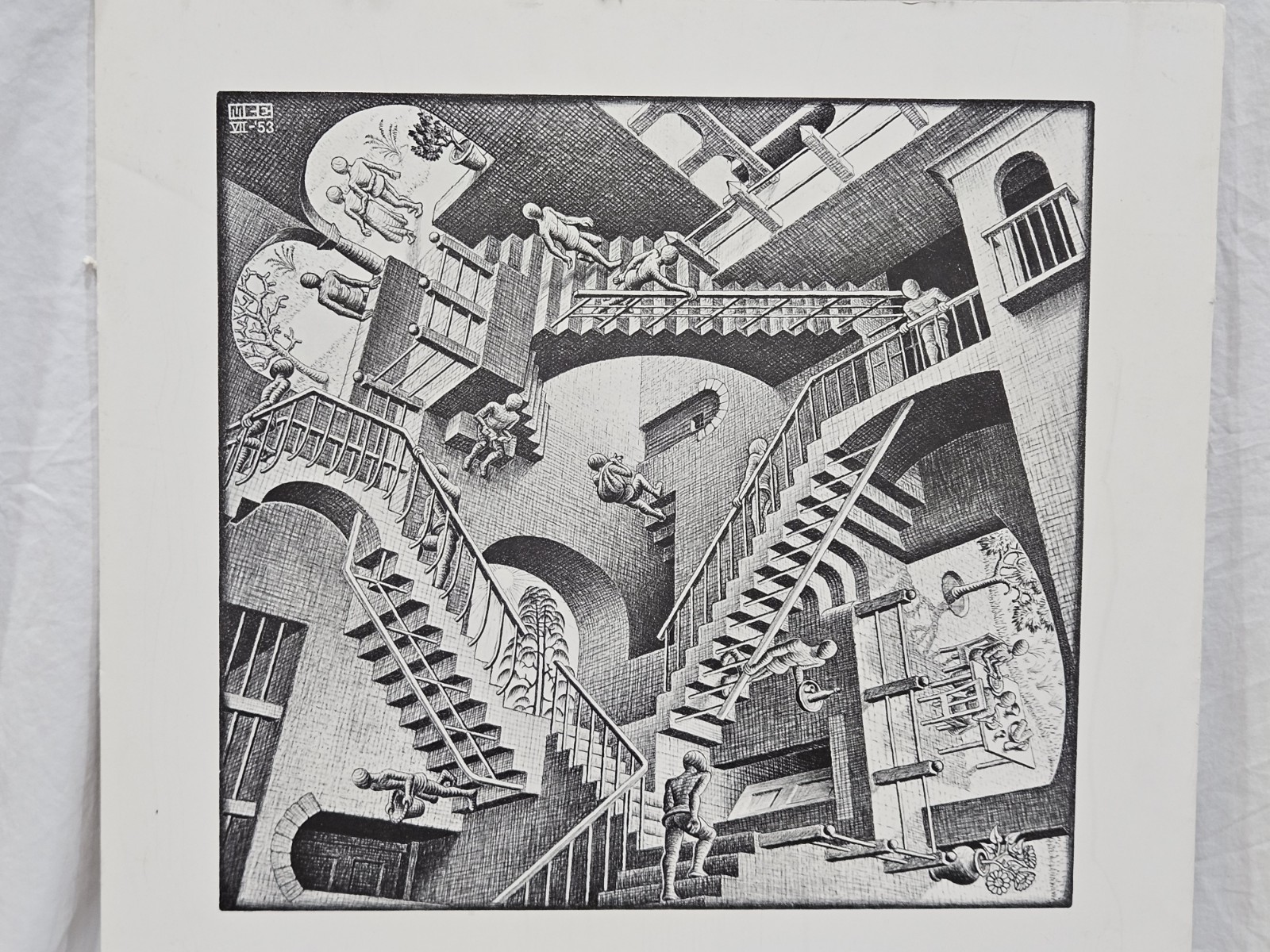M.C. Escher “Relativity” Lithograph Print on BoardBlack & White 21″ × 25″