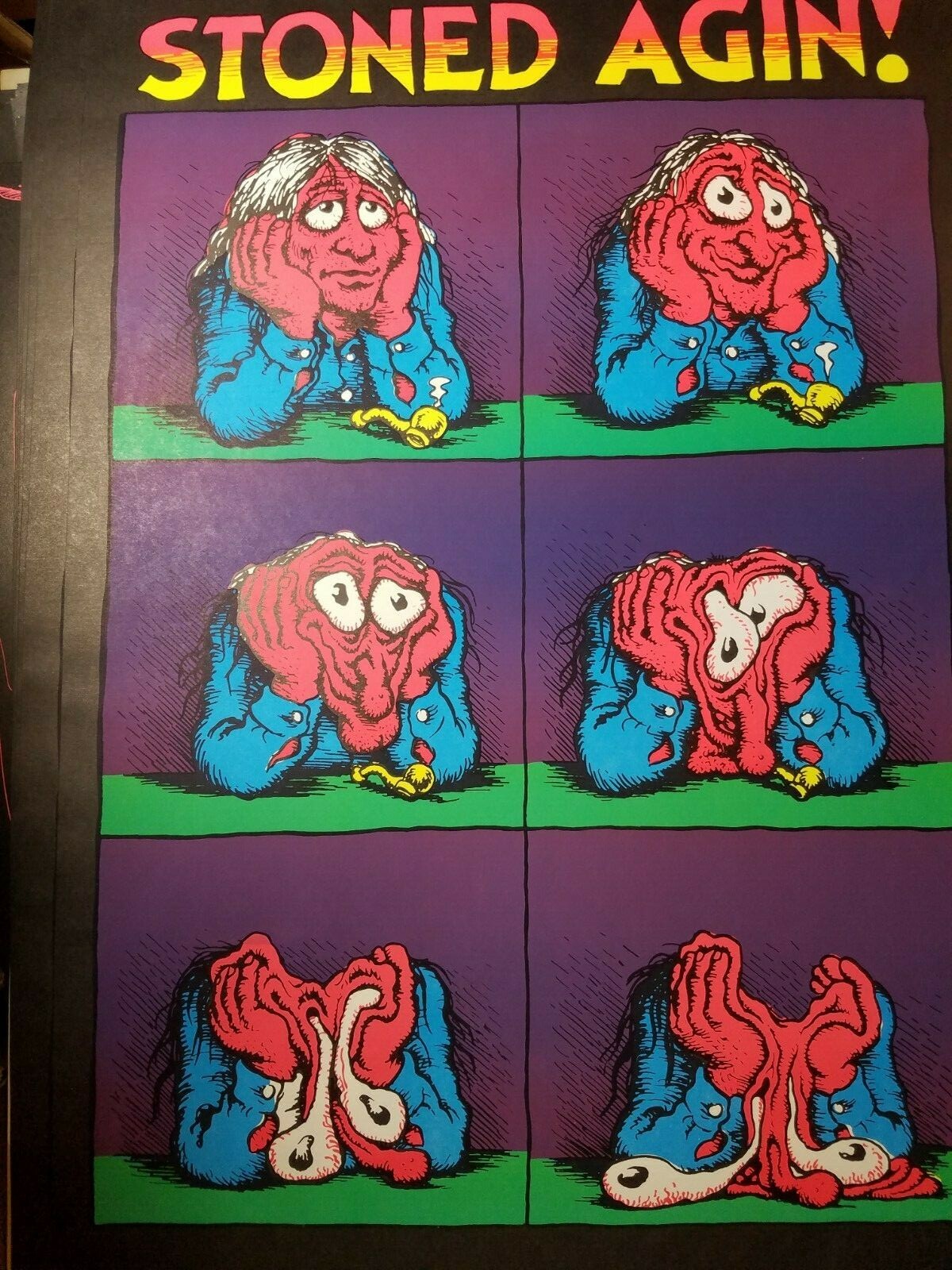 STONED AGIN! MARIJUANA 1970’s VINTAGE BLACKLIGHT HEADSHOP POSTER By R. Crumb