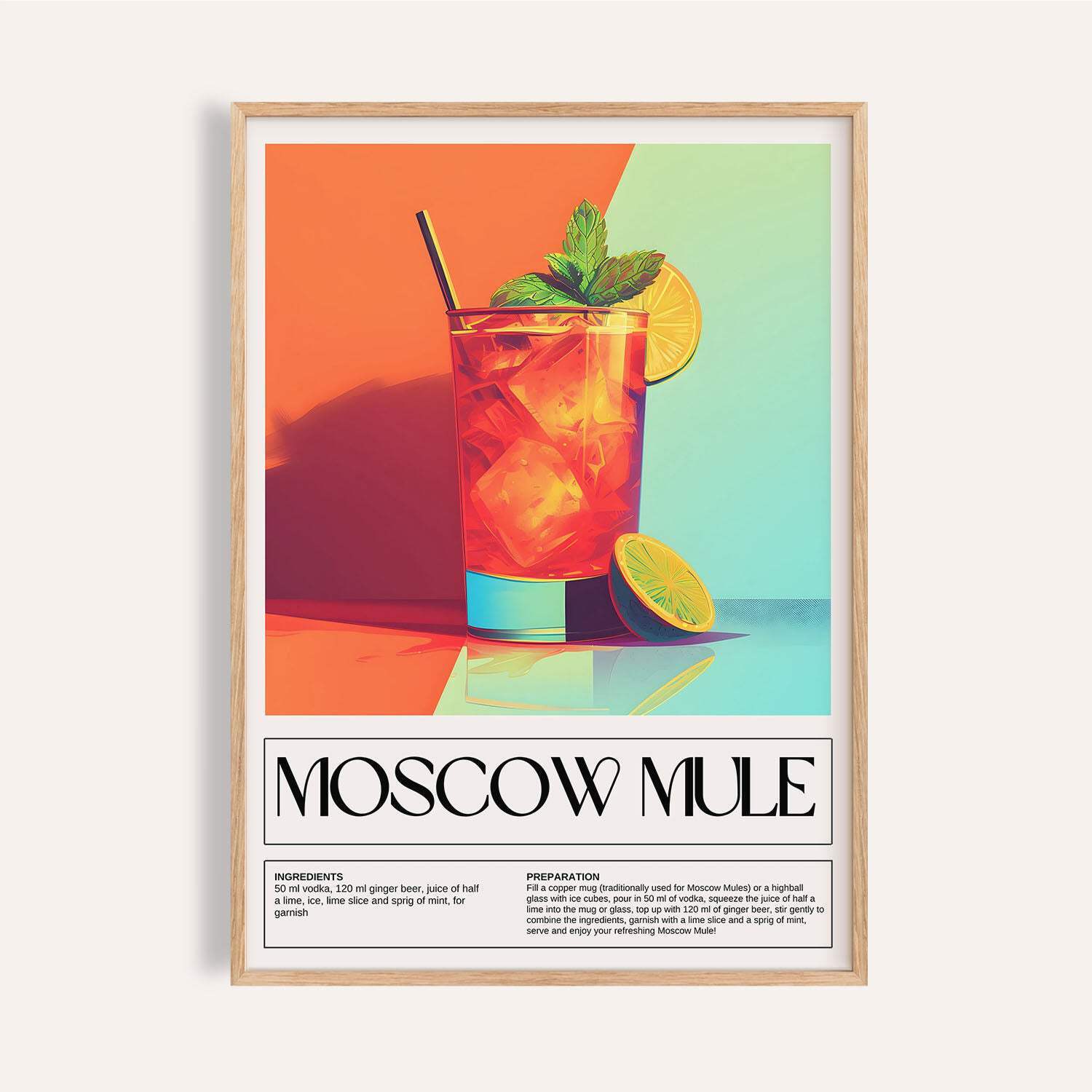 Moscow Mule Recipe Wall Art Cocktail Guide Vibrant Design for Kitchen or Bar