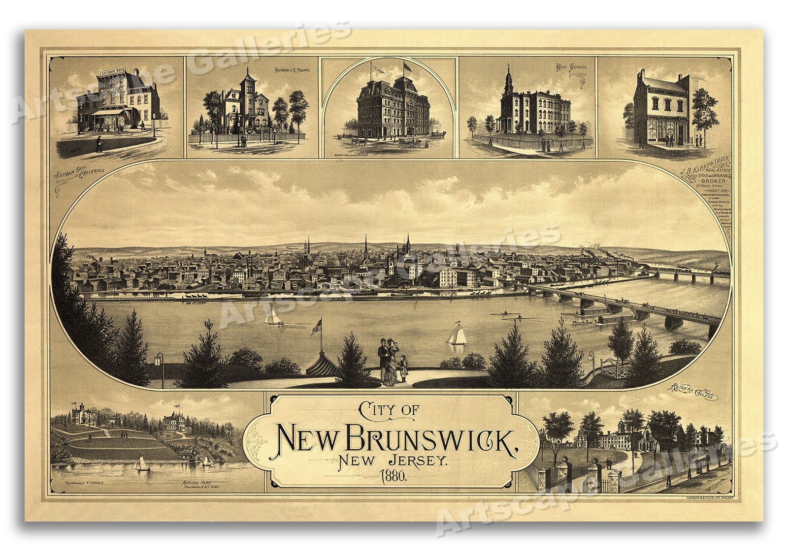 Bird’s Eye View 1880 New Brunswick New Jersey Vintage Style City Map – 16×24