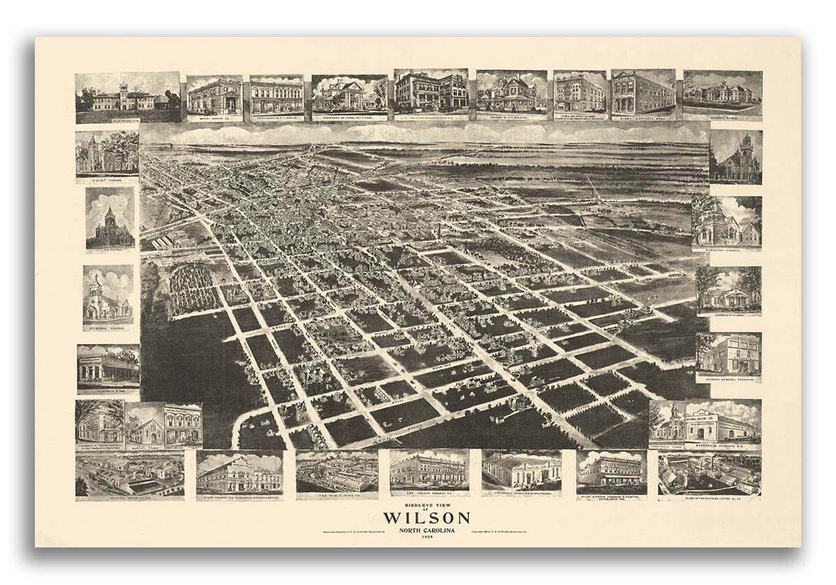Bird’s Eye View 1908 Wilson North Carolina Vintage Style City Map – 16×24