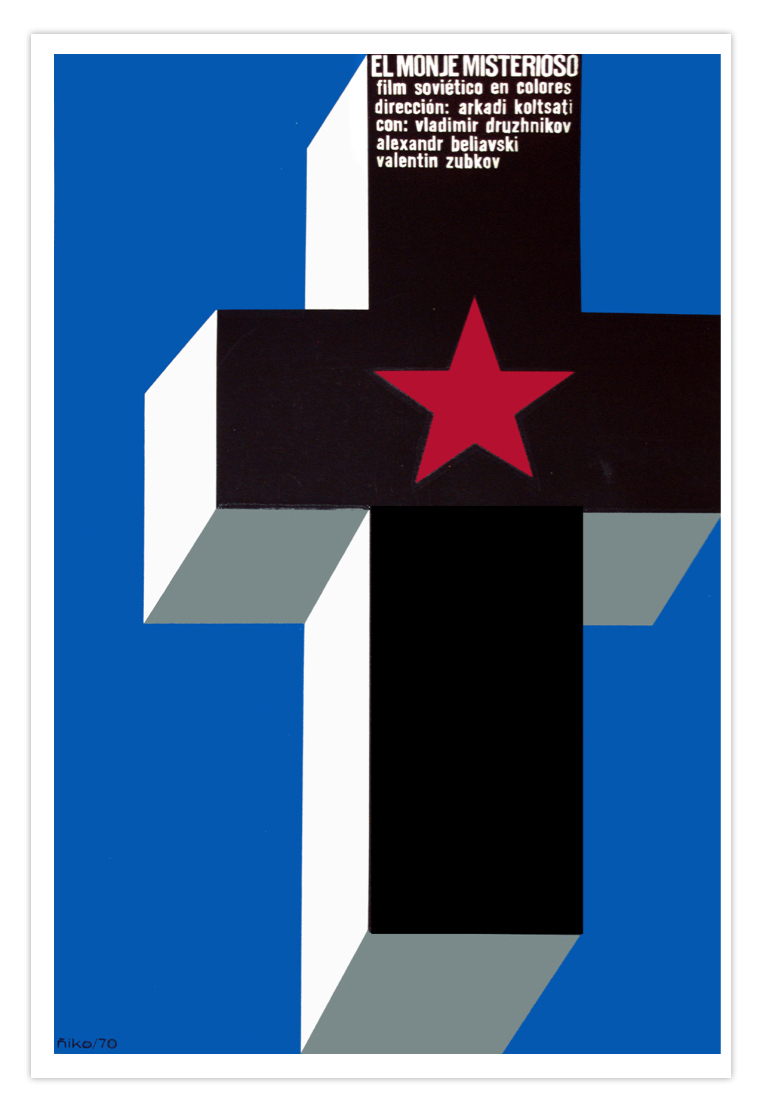 Movie Poster for Soviet film Misterious MONK.Christian.Blue art design.Christian