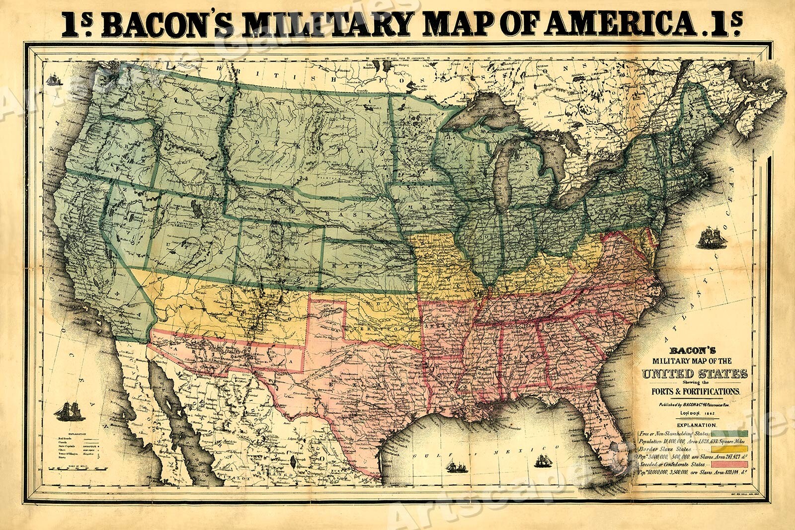 1860s Bacon’s Military Map of America – Civil War Map Poster – 20×30