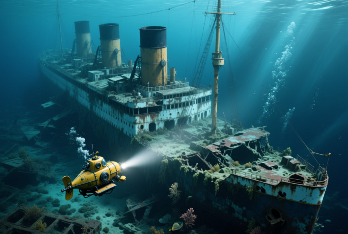 1900s Shipwreck Approached by a Submarine Submersible Ocean Art Print 24 x 16 in