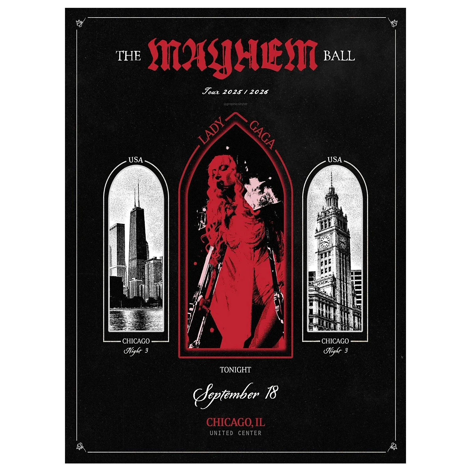 Lady Gaga The Mayhem Ball Chicago IL September 18 2025 Tour Poster