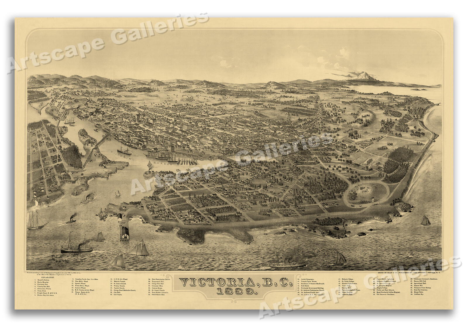 Bird’s Eye View 1889 Victoria Canada Vintage Style City Map – 16×24