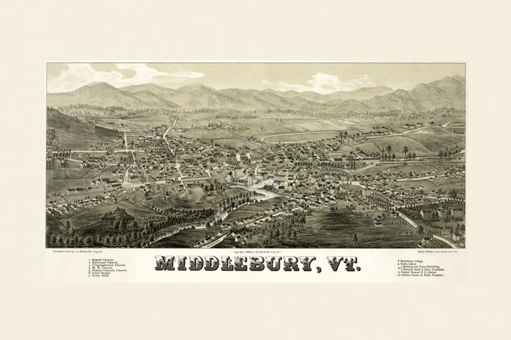 Map Middlebury Vermont Travel 1800’s Bird’s Eye View Poster Repro FREE S/H