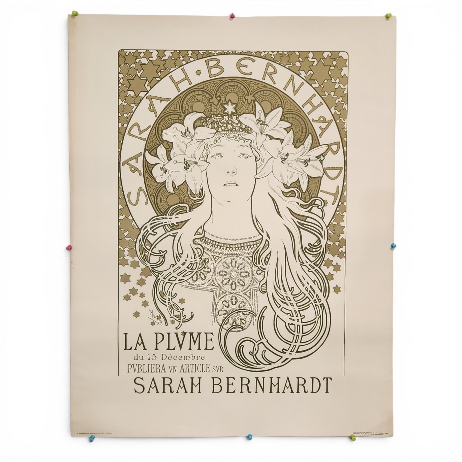 1966 Vintage Alphonse Mucha La Plume Sarah Bernhardt Sandyval Poster Art 29.5in