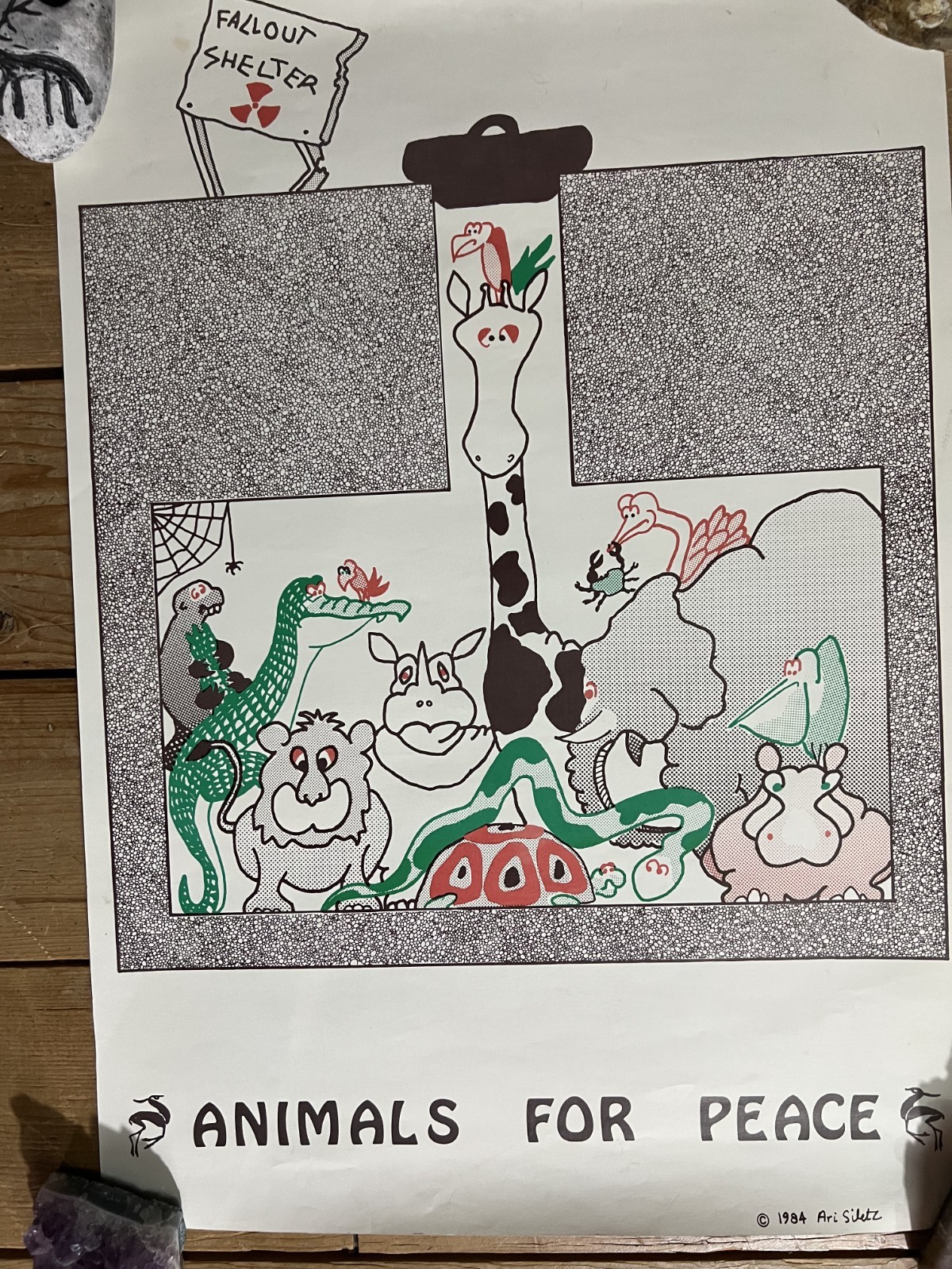 VTG 1984 Poster “Fall Out Shelter” “Animals for Peace” Ari Siletz 21″ x 15″