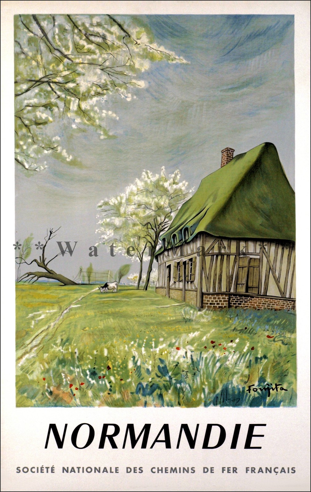 French Countryside Normandie 1958 Vintage Poster Print Retro Style Travel Art