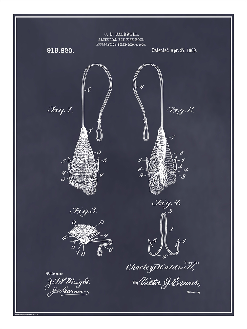 1905 Artificial Fly Fish Hook Patent Print Art Drawing Poster