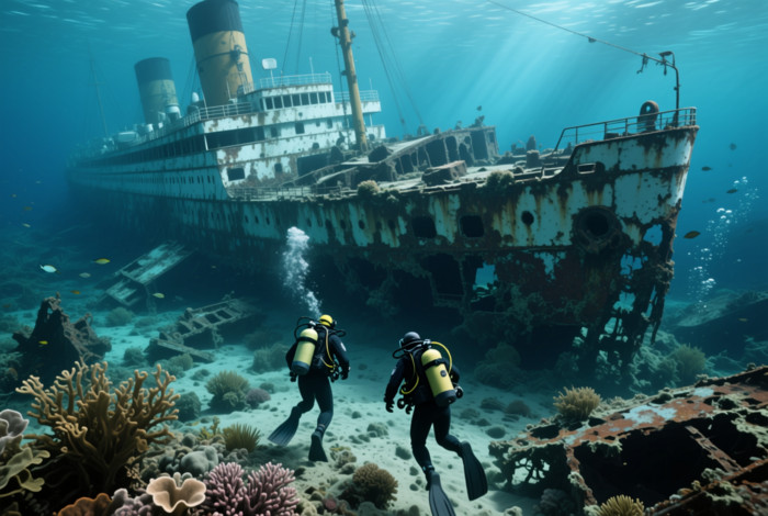 Shipwreck 1900s Ocean Liner Divers Observing Poster Sea Art Print 24 x 16 in